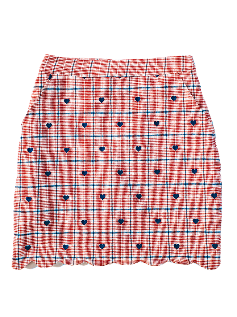 KJP Women's Aubrey Plaid Skirt with Embroidered Hearts in Red and KJP Women's Aubrey Plaid Skirt with Embroidered Hearts in Red and
