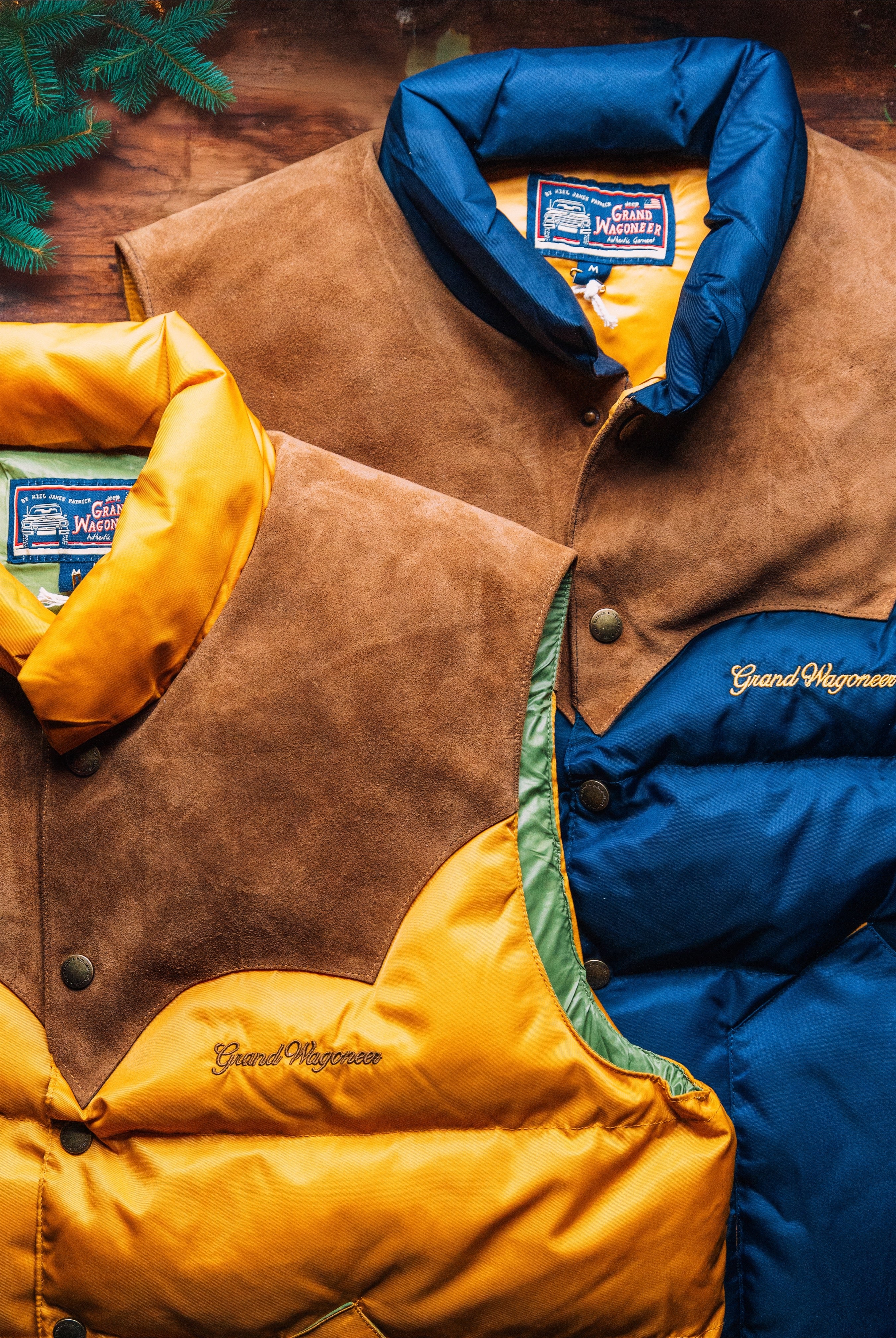 Jeep® x KJP Men's Grand Wagoneer Puffer Vest with Suede Yolk in Blue
