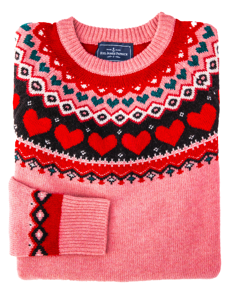 KJP Women's Cozy Heart Fair Isle Crewneck Sweater in Pink and Red KJP Women's Cozy Heart Fair Isle Crewneck Sweater in Pink and Red