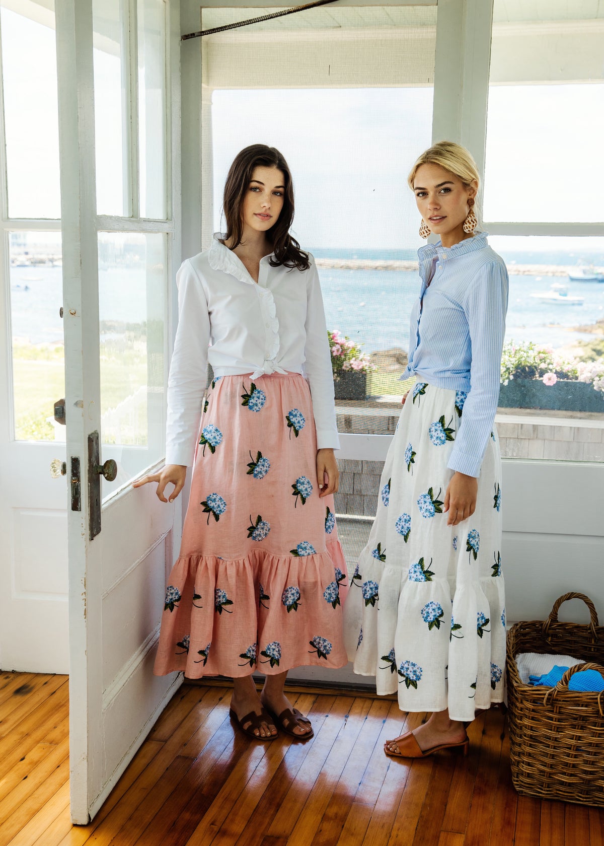 Hydrangea Embroidered Linen Skirt in White
