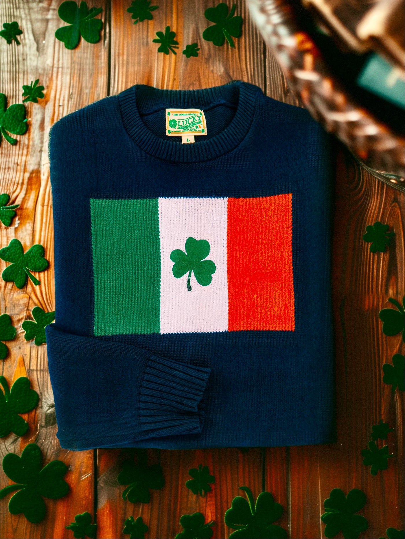 KJP Irish Shamrock Flag Crewneck Intarsia Sweater in Blue – Kiel