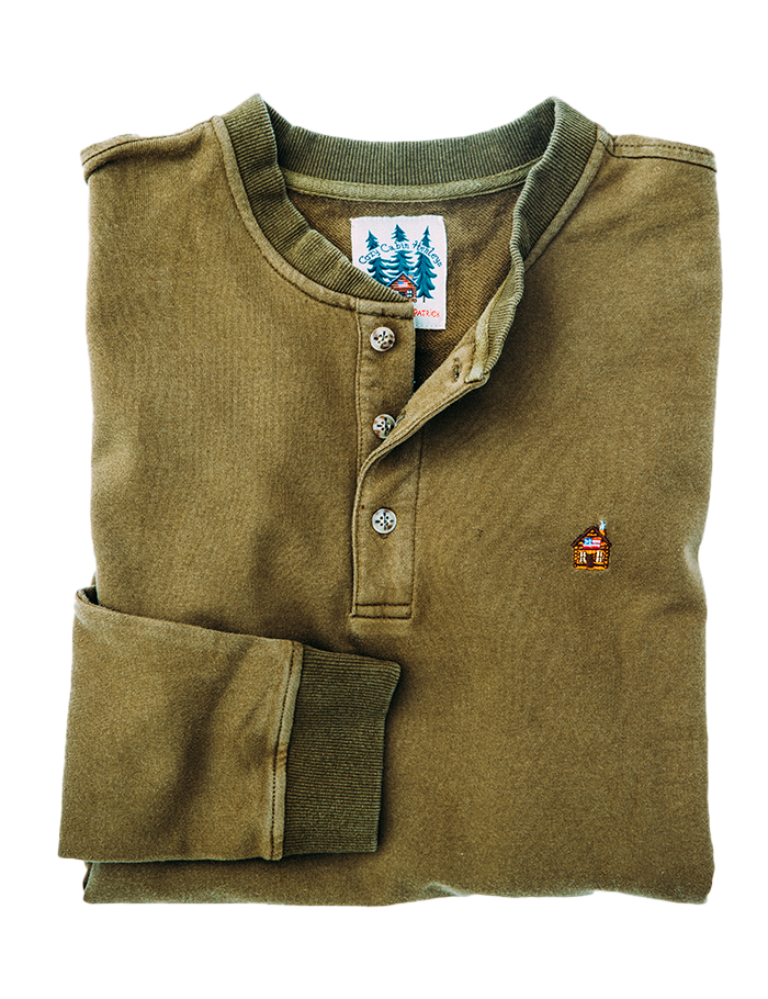 Rustic Cabin Long Sleeve Henley Shirt in Moss