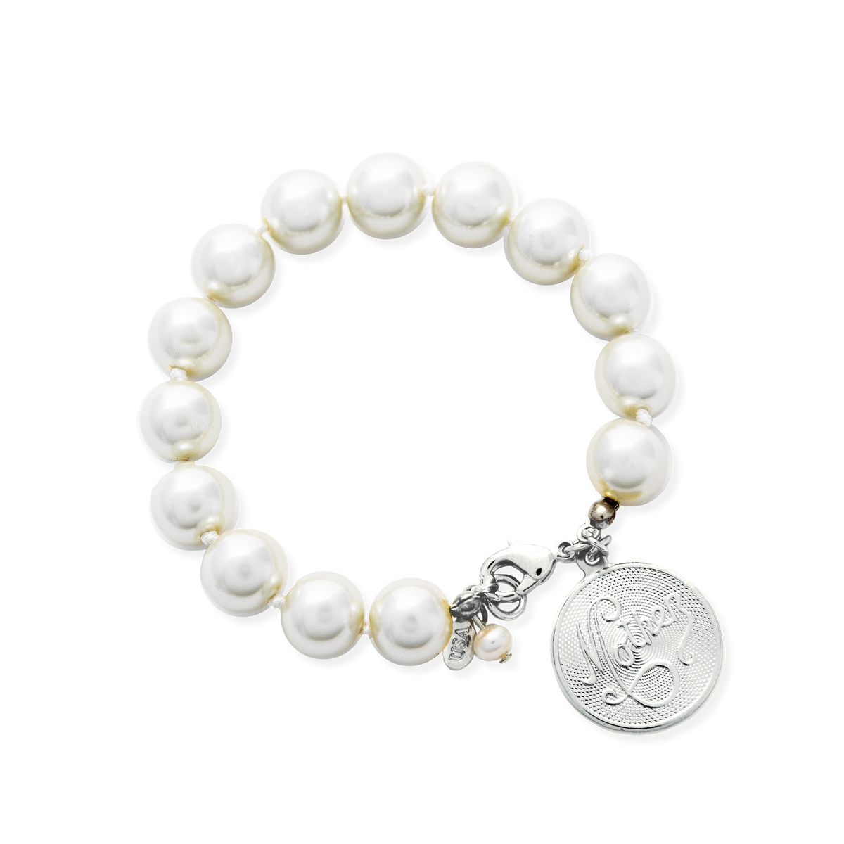 Mother's Day Pearl Bracelet with Engravable Charm