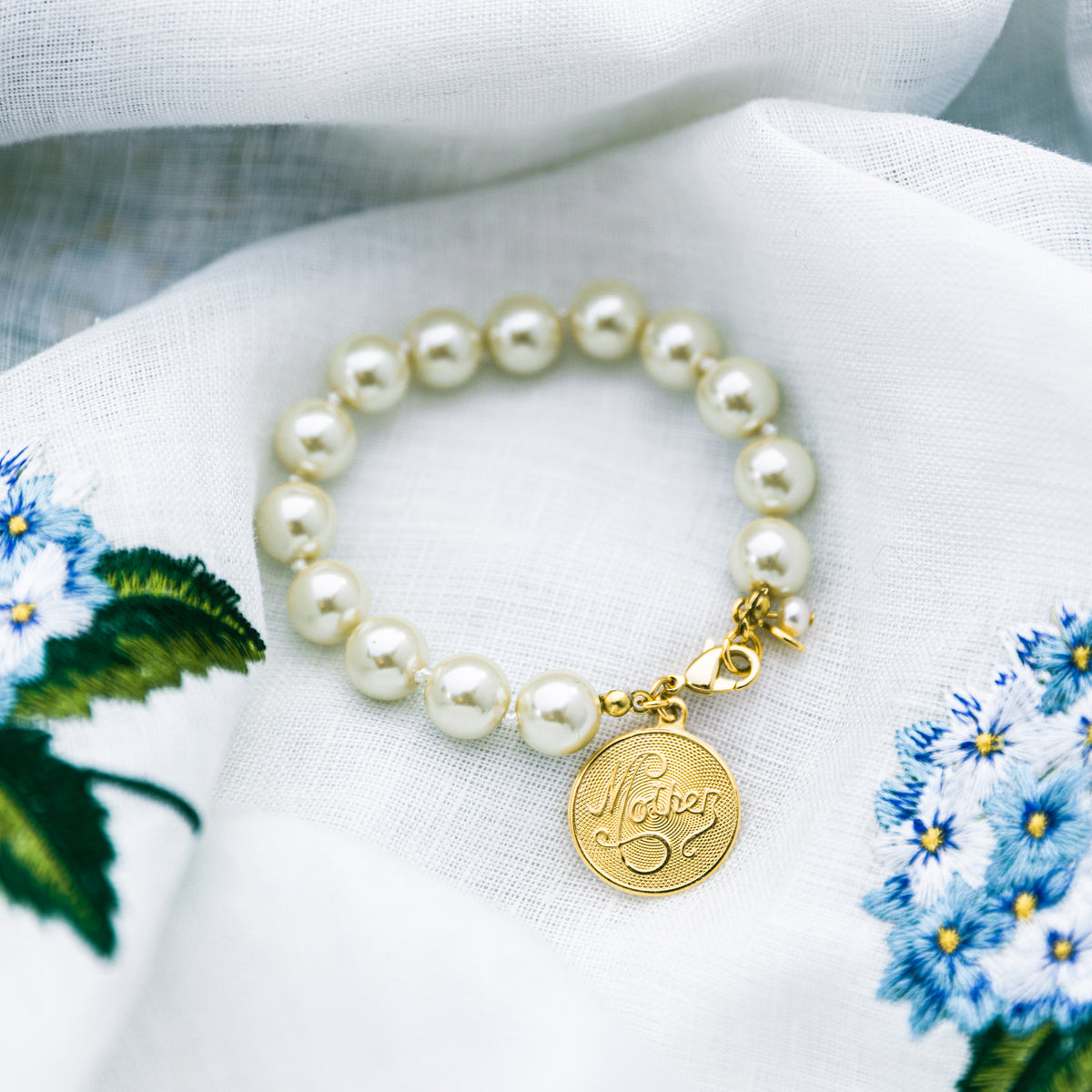 Mother's Day Pearl Bracelet with Engravable Charm