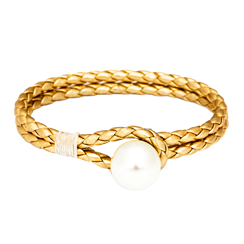 Pearl Knot Leather Bracelet in Gold