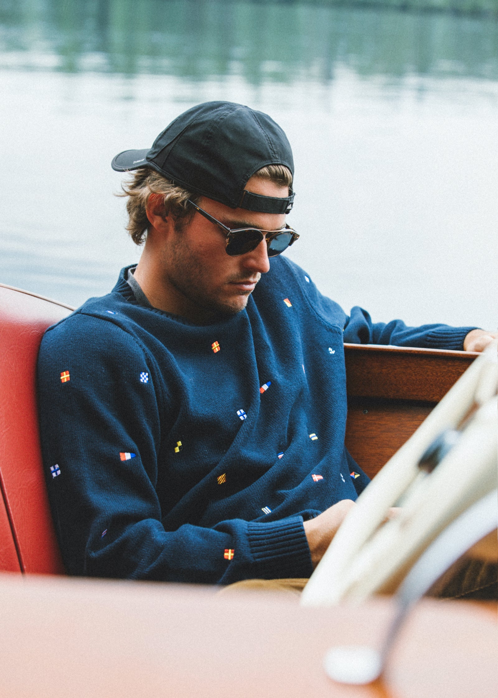 KJP Men's Seafari Embroidered Nautical Flag Crewneck Sweater