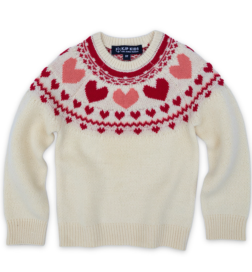 KJP Kid's Heartwarmer Fair Isle Crewneck Sweater in White/Red/Pink