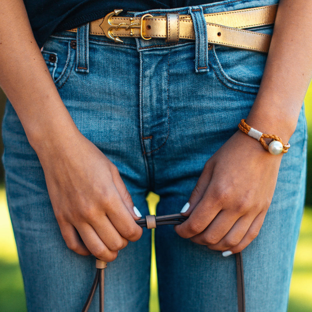 Pearl Knot Leather Bracelet in Tan